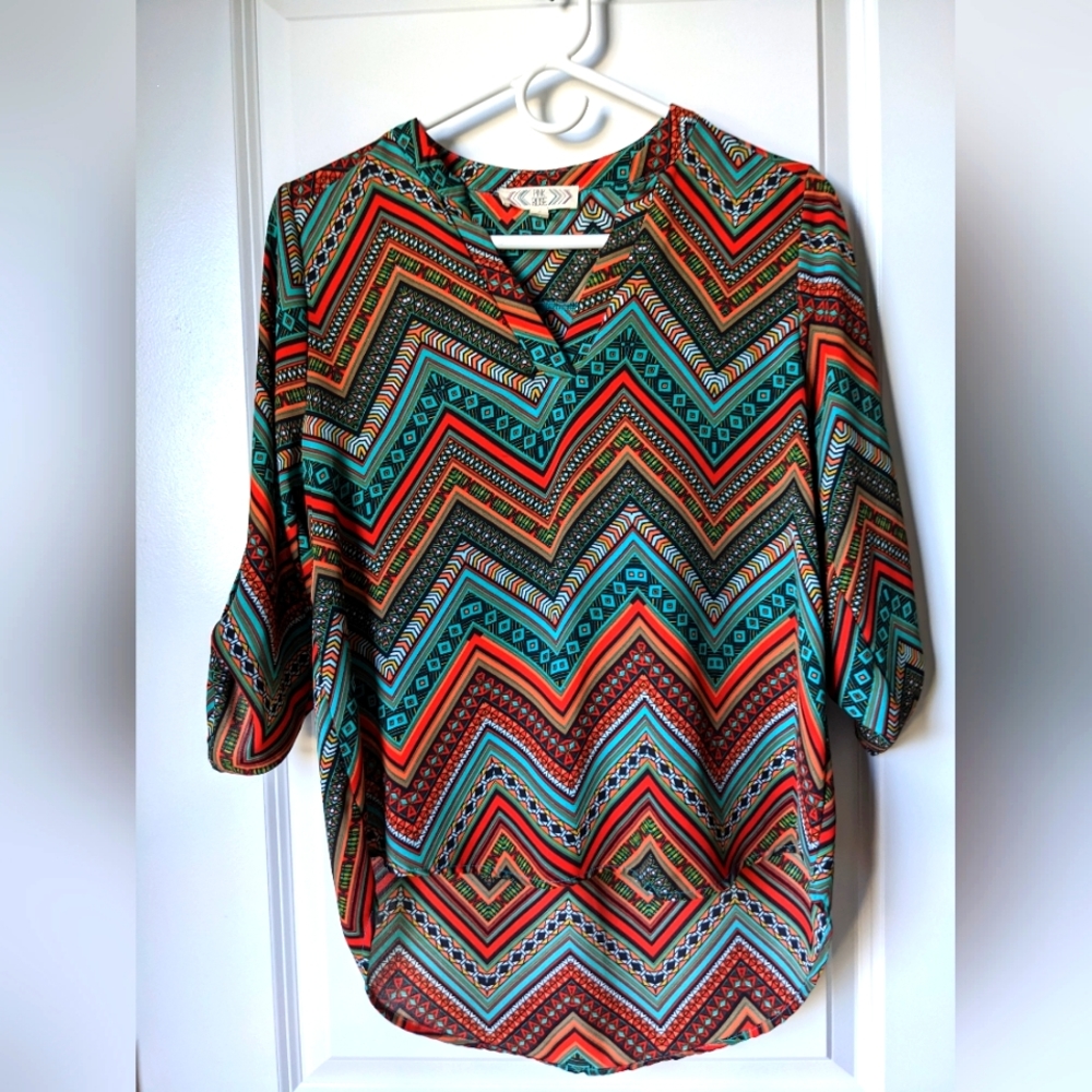 Pink rose blouse size S green & orange pattern